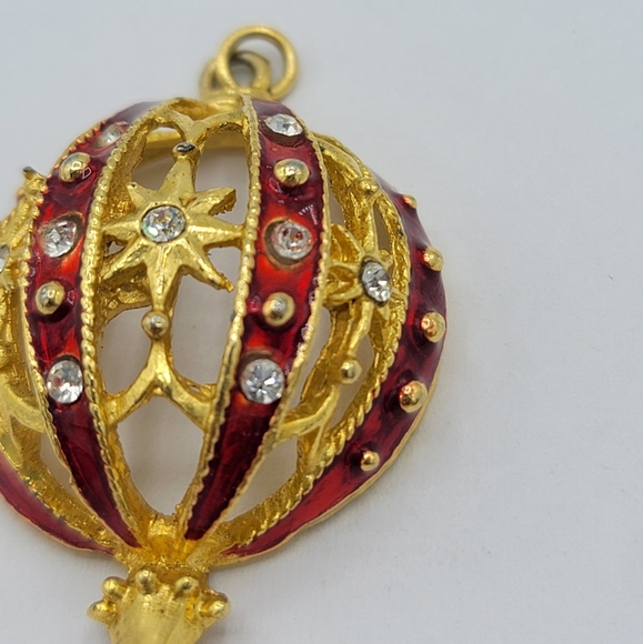 Aai Rhinestone Red Enamel Gold tone Christmas Bauble Ornament Pendant Vintage - Picture 4 of 10